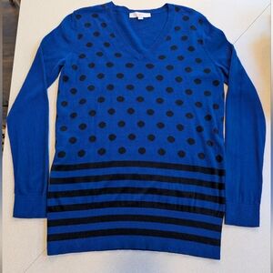 LOFT Blue and Black Polka Dot V-Neck Sweater